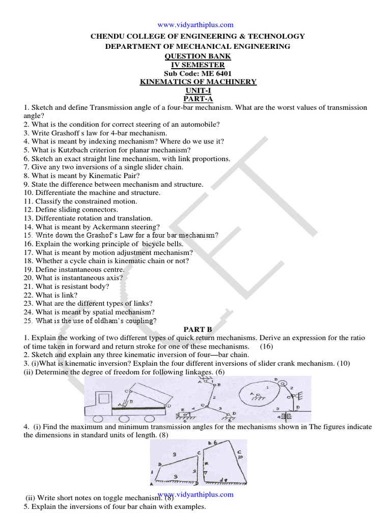 Kinematics of Machinery Question Bank | PDF | Gear | Belt (Mechanical)