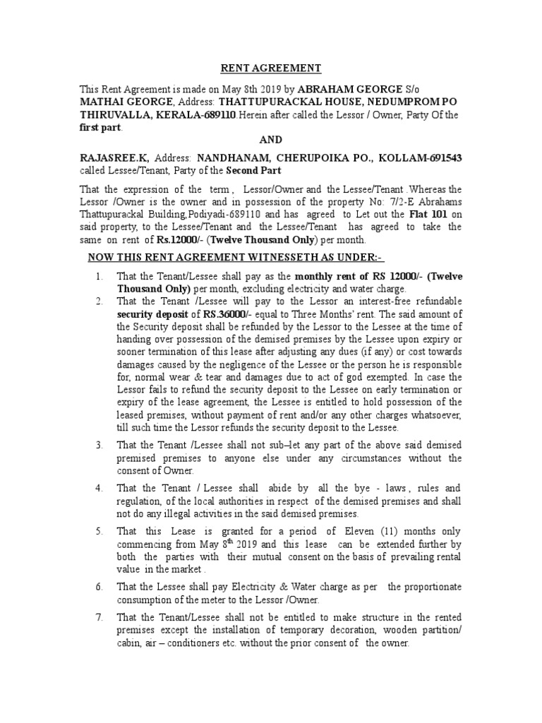 Rent Agreement for Residential Lease | PDF | Lease | Leasehold Estate