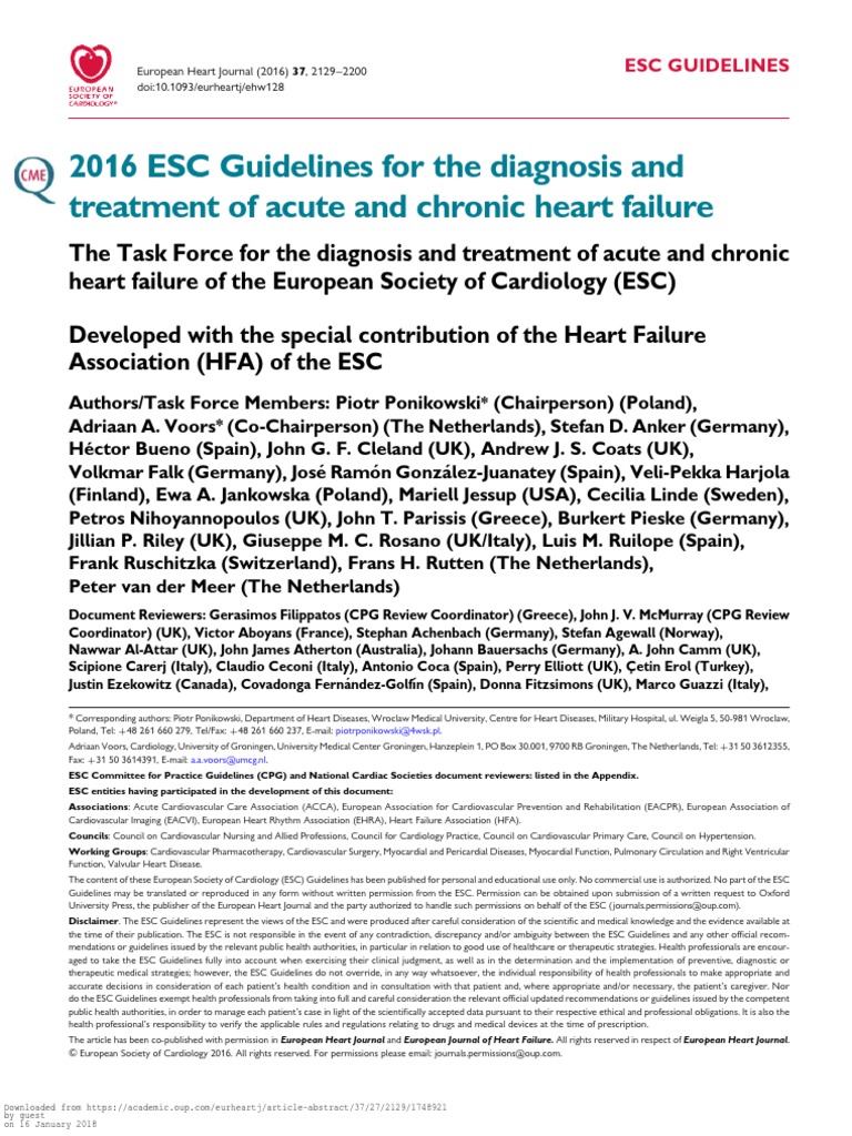 2016 ESC Guidelines For The Diagnosis and Treatment of Acute and ...