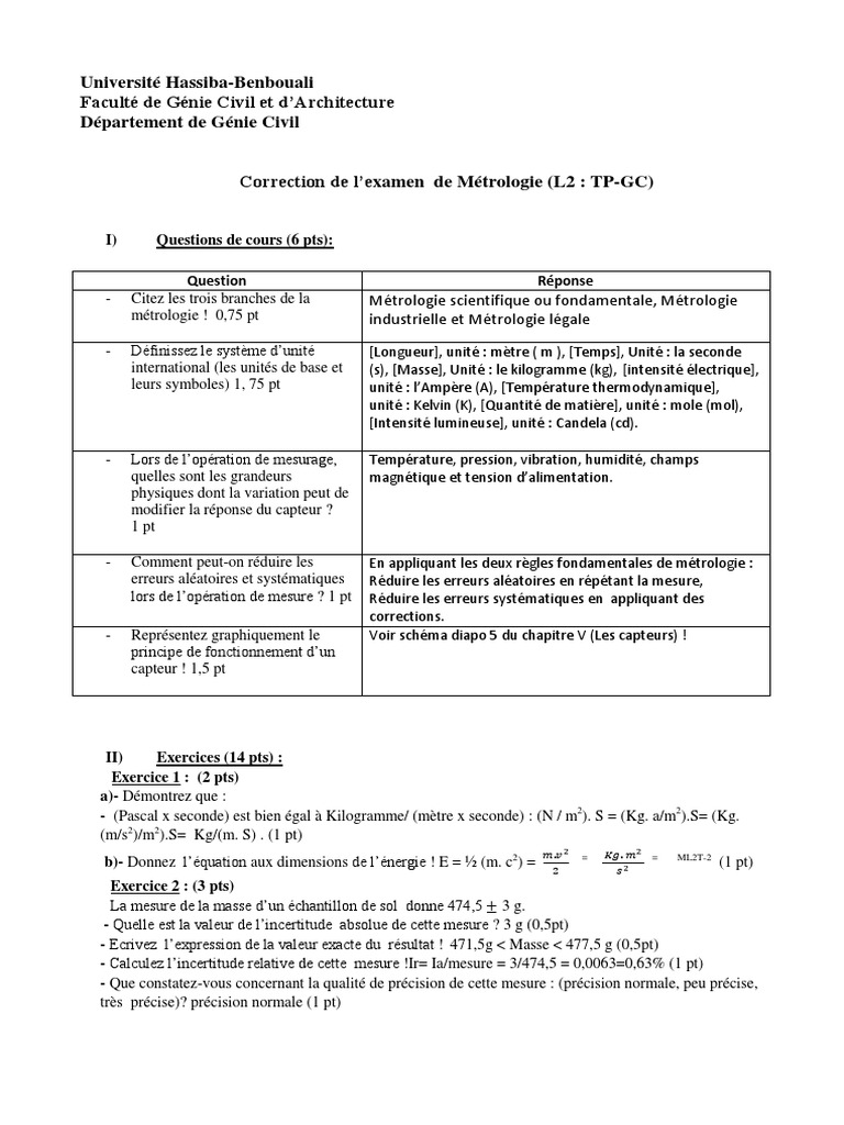 Correction Examen Métrologie L2 TP-GC | PDF | Kilogramme | Métrologie