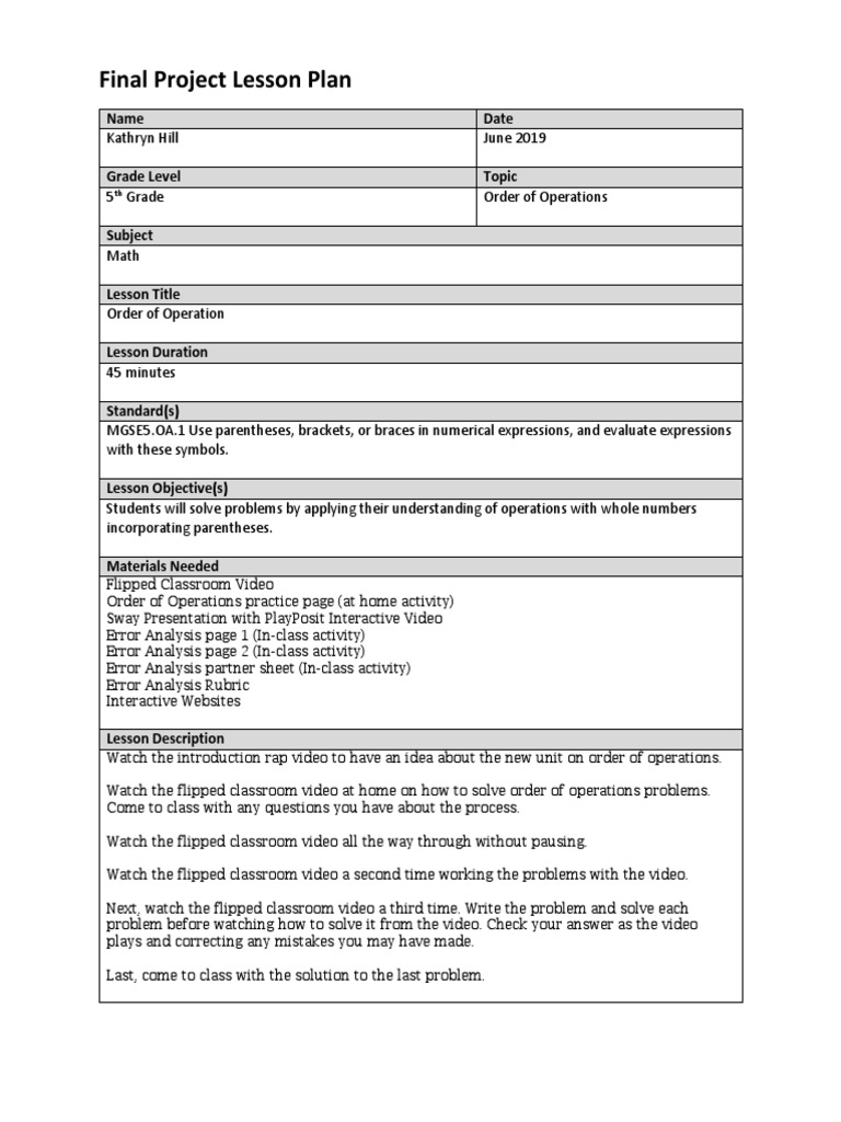 5th Grade Order of Operations Lesson Plan | PDF | Educational ...
