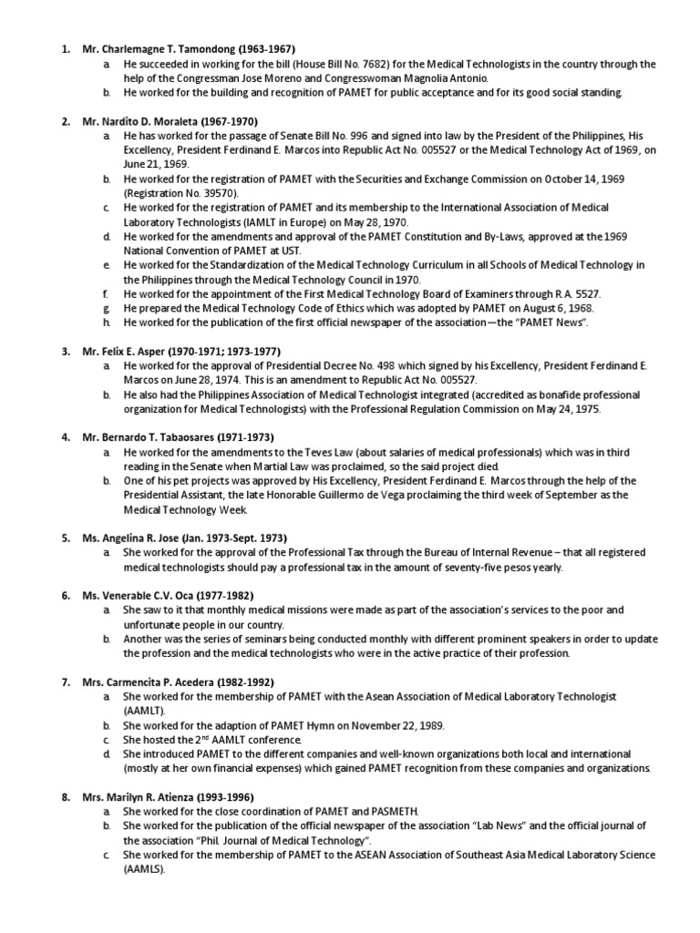 PAMET Presidents, MedTech Prayer, Code of Ethics PDF