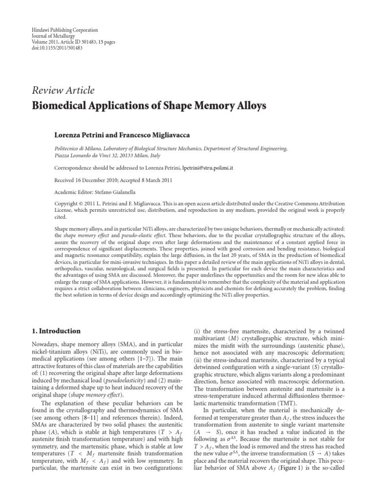 Review Article: Biomedical Applications of Shape Memory Alloys | PDF ...
