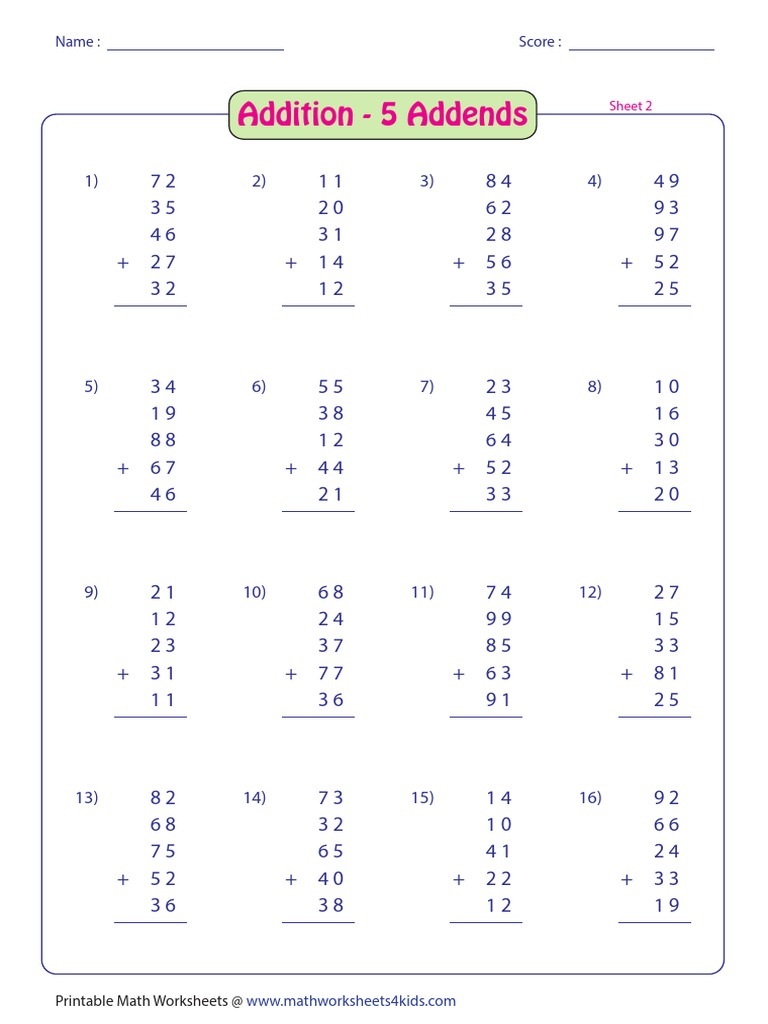 Addition - 5 Addends: Name: Score | PDF