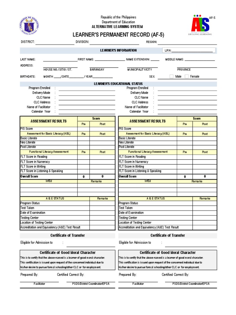 Learner'S Permanent Record (Af-5) : Republic of The Philippines ...