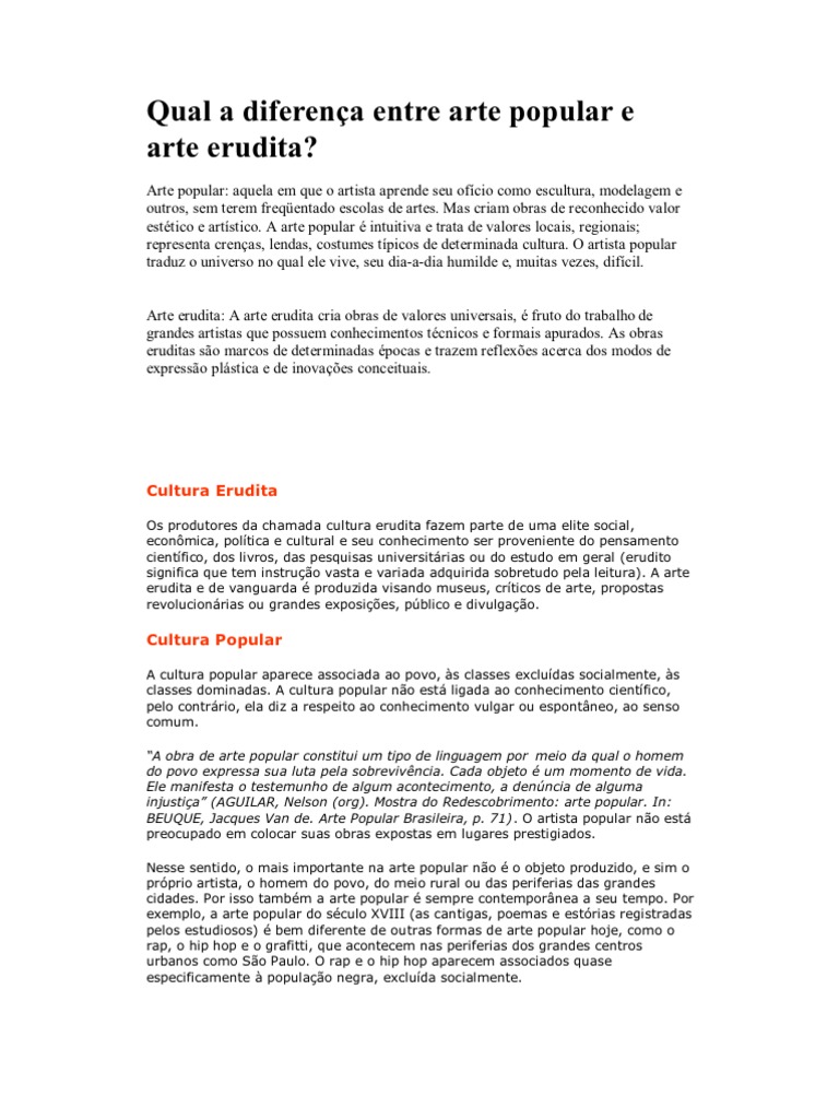 Qual A Diferença Entre Arte Popular e Arte Erudita | PDF | Cultura ...