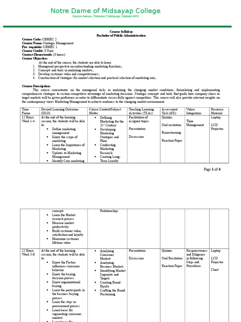 Strategic Management Course Syllabus | PDF | Strategic Management | Brand