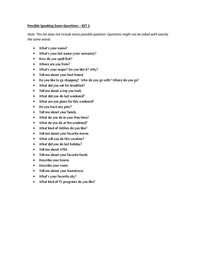 Note. This List Does Not Include Every Possible Question. Questions ...