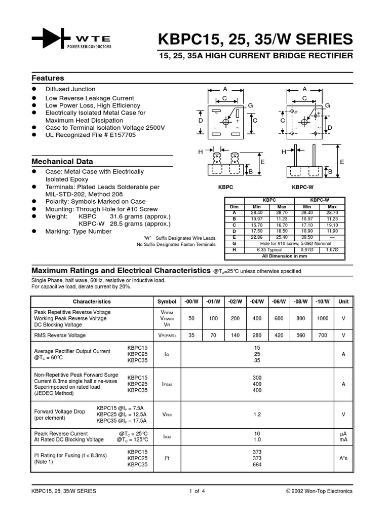 KBPC25 Datasheet PDF | PDF | Rectifier | Capacitor