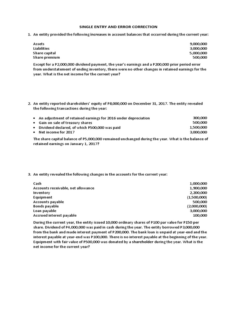 Single Entry and Error Correction Quiz | PDF | Retained Earnings | Dividend