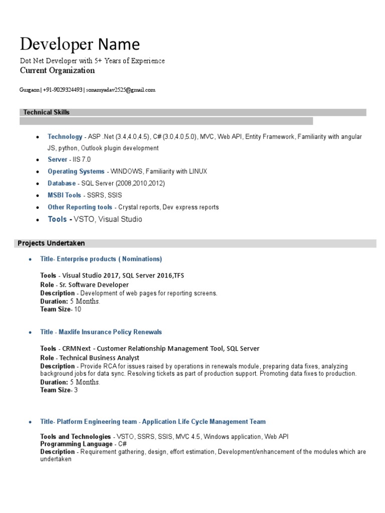Dot Net Developer Resume - 5 Years Experience | PDF | Microsoft Visual ...