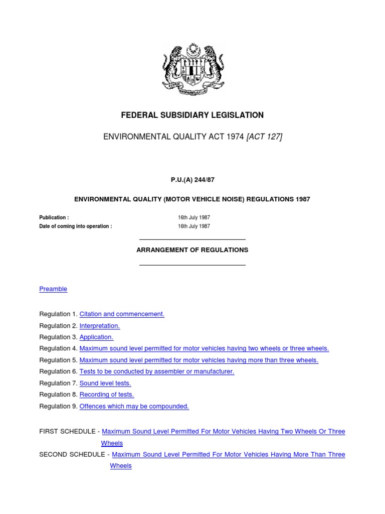 Environmental Quality Motor Vehicle Noise Regulations 1987 P.U.a 244