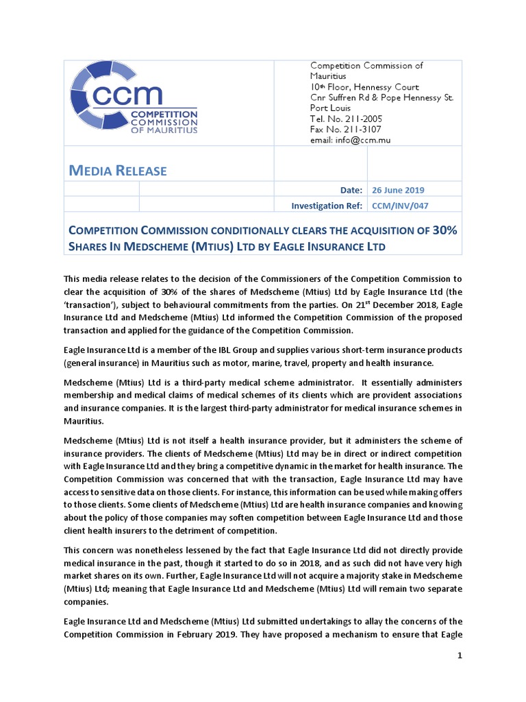 Eagle Insurance Acquires 30% of Medscheme | PDF | Competition | Insurance