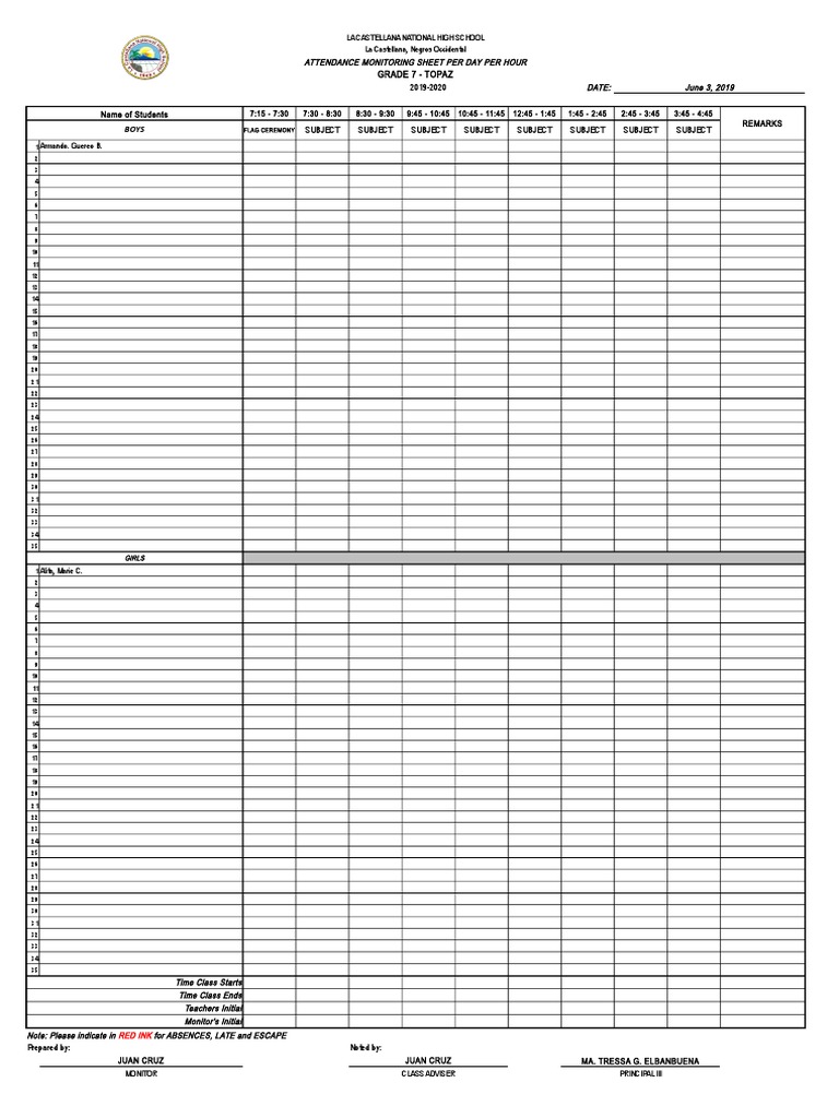 Attendance Monitoring Sheet Per Day Per Hour Grade 7 - Topaz Date: June ...