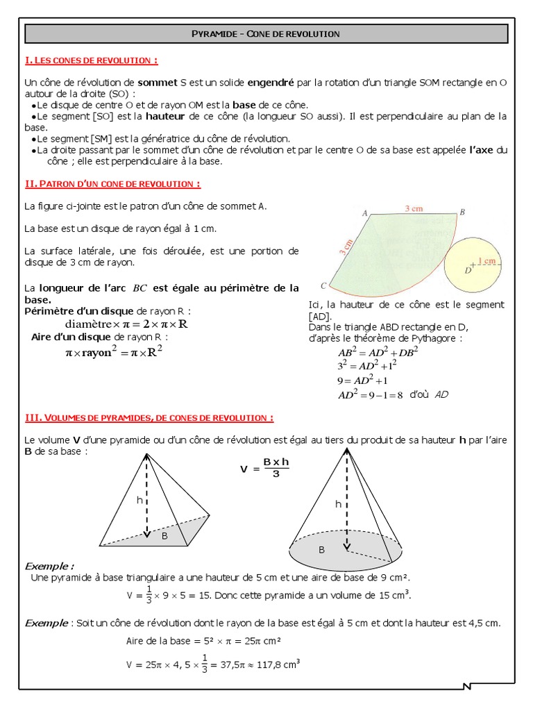 Exercices Corrigés Aires Et Volumes : 3ème Pdf Chap 05 - Cours - Cône de Révolution | PDF | Triangle | Objets géométriques