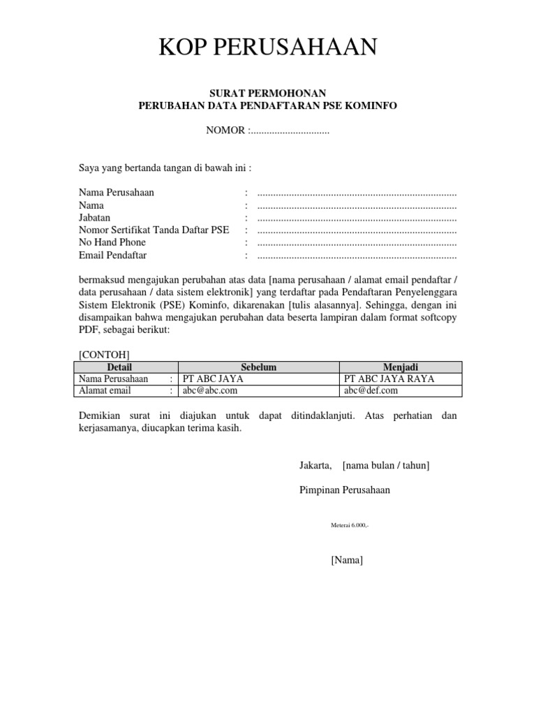 Form Surat Permohonan Perubahan Data Docx