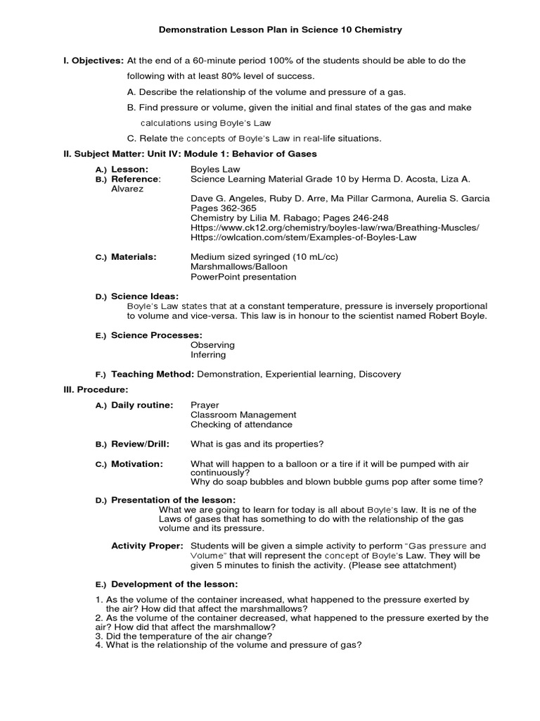 Boyles Law Lesson Plan | PDF | Gases | Pressure