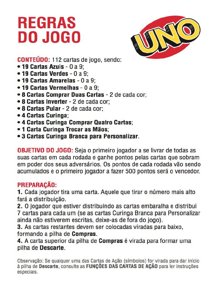 Regras Oficiais Do Jogo UNO, PDF, Lazer