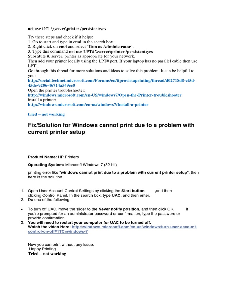 Fix solution for windows cannot print due to a problem with current