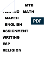 Ap MTB Filipino Math Mapeh English Assignment Writing ESP Religion