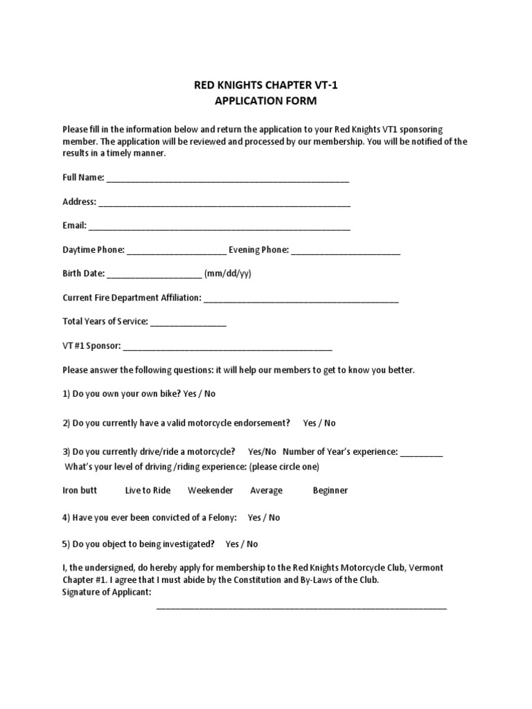 Red Knights VT-1 Membership Application | PDF | Government | Violence
