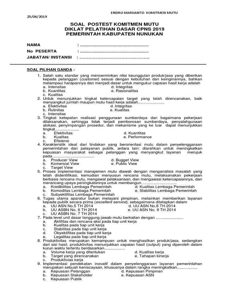 Soal Pretest Komitmen Mutukaltara Docx