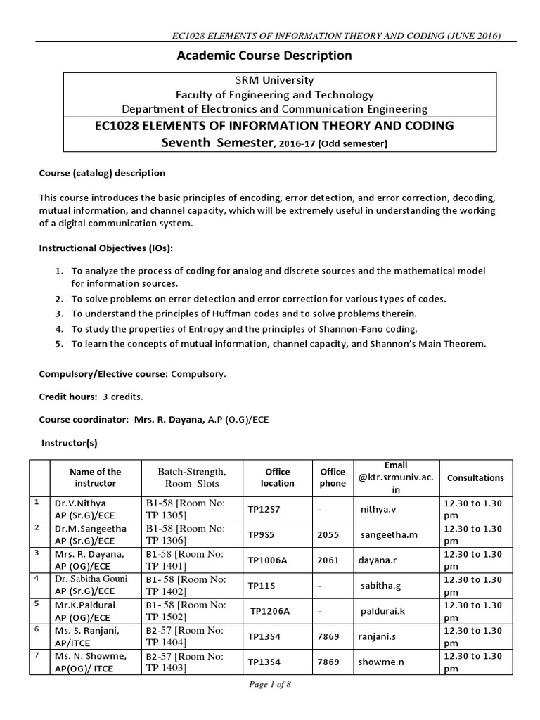 Academic Course Description PDF Code Error Detection And Correction