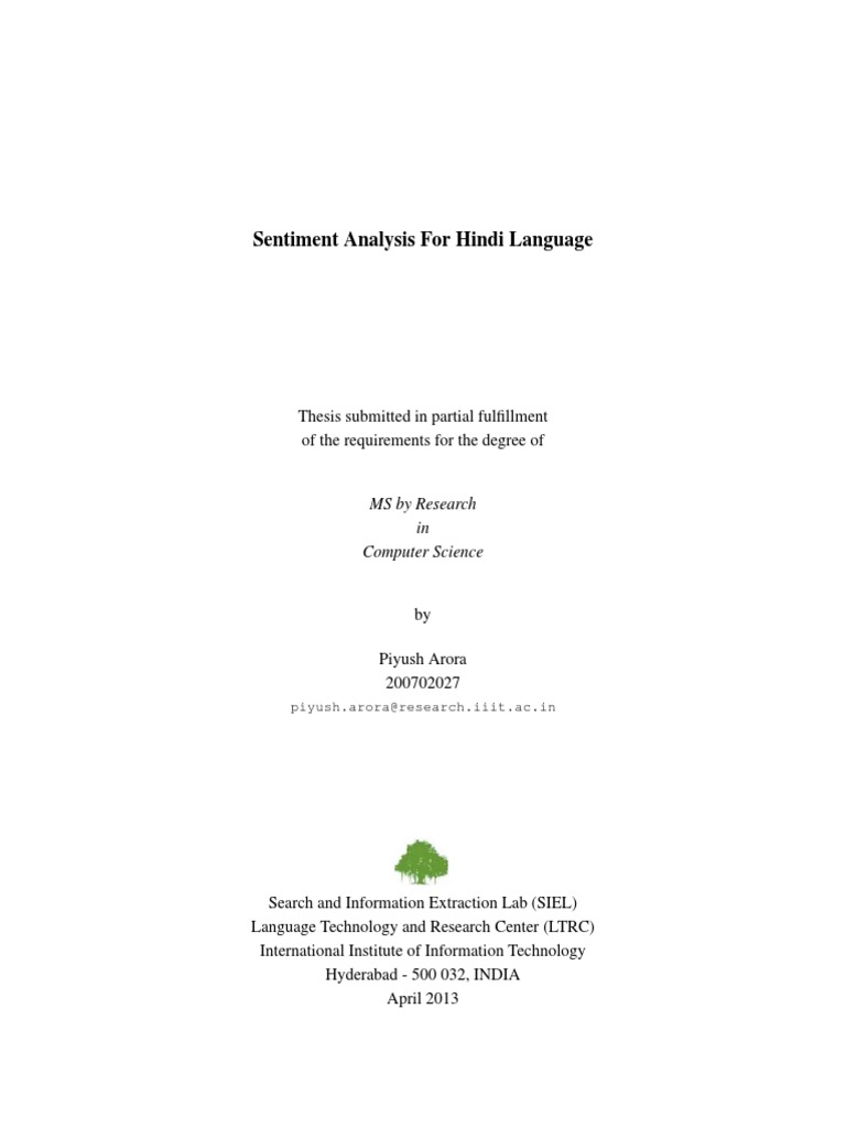 Sentiment Analysis For Hindi Language: MS by Research in Computer ...