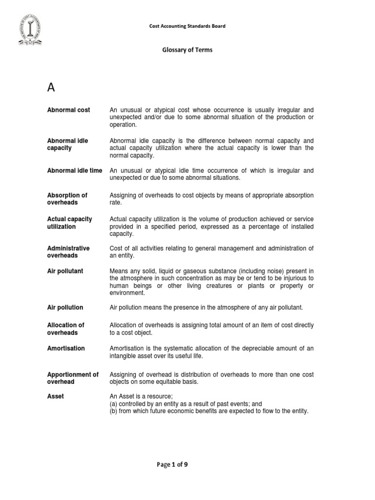Glossary of Terms Cost Accounting Standards Board PDF Cost Cost