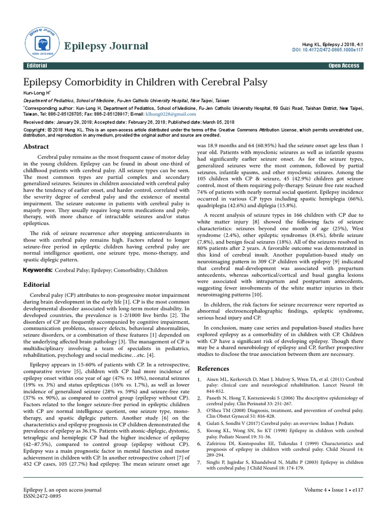 Epilepsy Comorbidity in Children With Cerebral Palsy 2472 0895 1000e117 ...