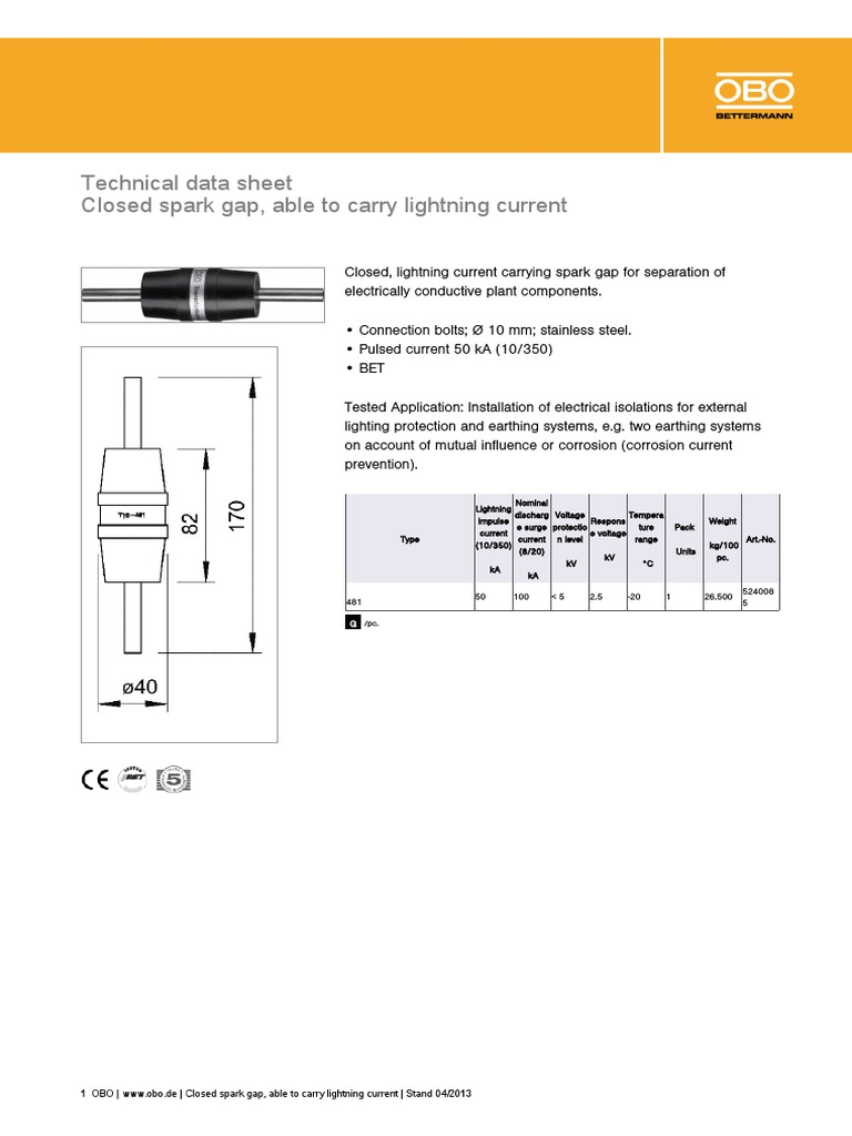 Data Sheet Spark Gap 482 PDF | PDF | Lightning | Electric Power
