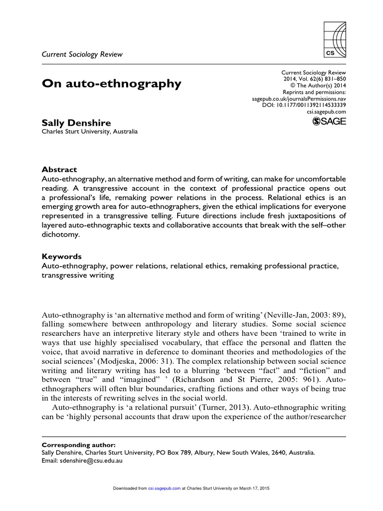 2014 DENSHIRE On Autoethnography PDF Ethnography Narrative