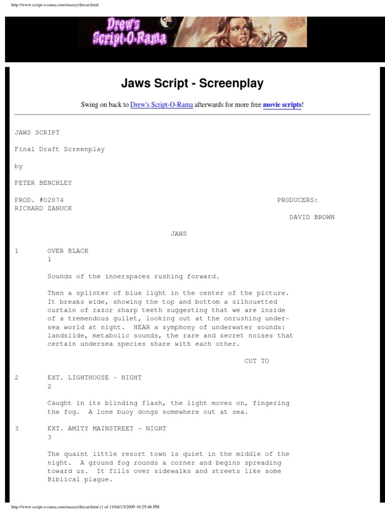 Jaws Script - Screenplay: Swing On Back To Afterwards For More Free ...