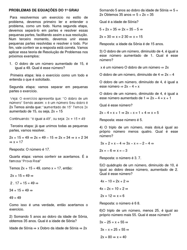 Problemas de Equações Do 1º Grau | Download grátis PDF | Equações ...