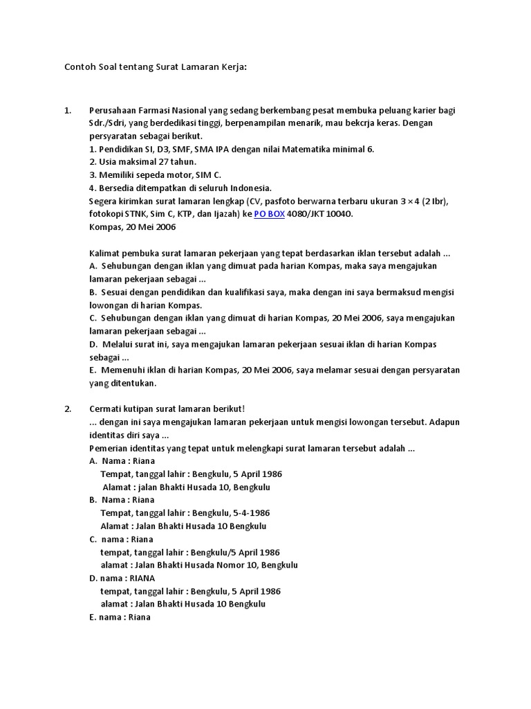 Contoh Soal Tentang Surat Lamaran Kerja