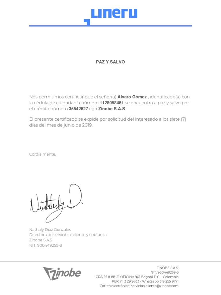 Certificado de Paz y Salvo - Zinobe S.A.S. | PDF