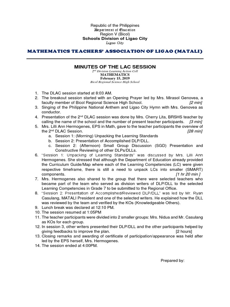 Minutes of the 2nd Division Learning Action Cell Session of the