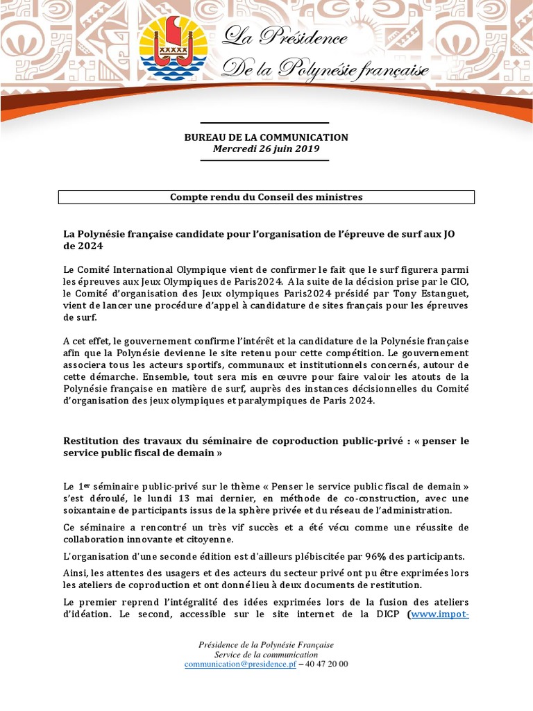 Conseil Des Ministres Du 26 Juin 2019 France Tahiti - 