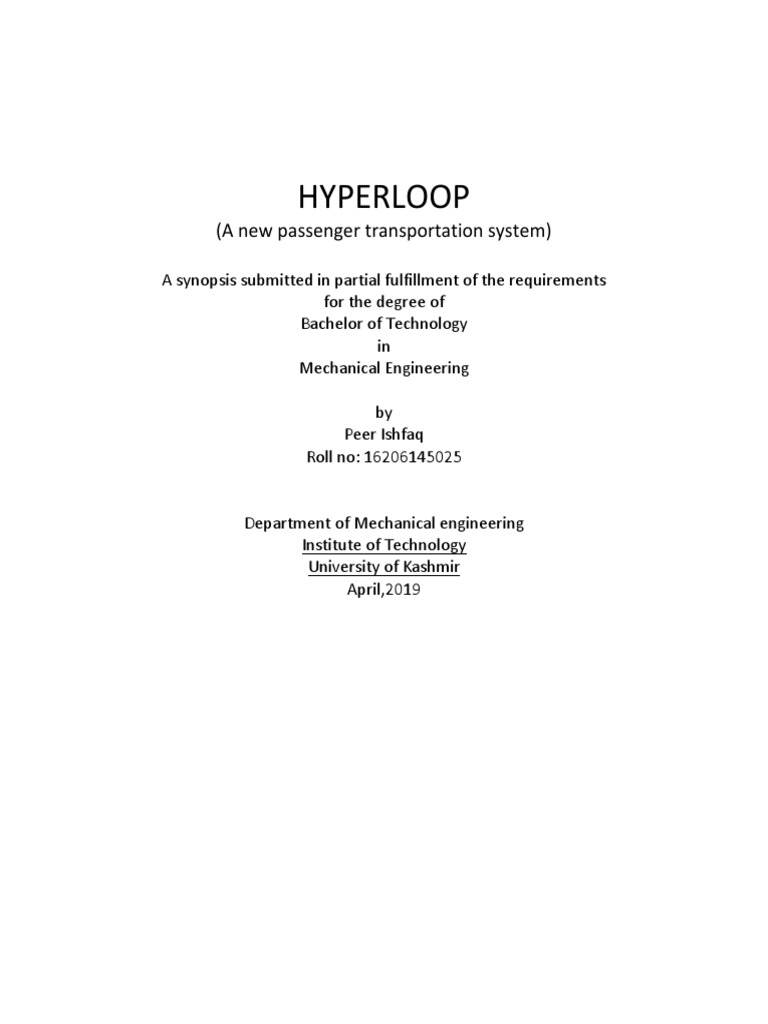 Synopsis On Hyperloop | Download Free PDF | Hyperloop | Engineering