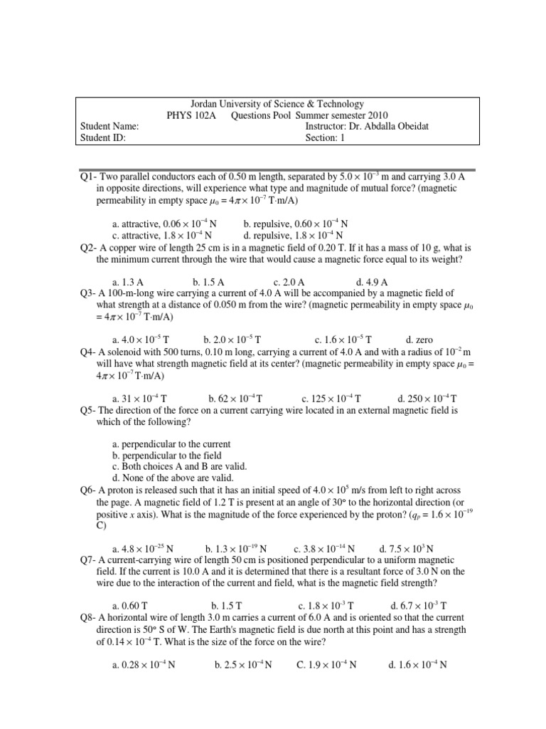 PHYS 102A Magnetic Field Questions | PDF | Angular Resolution | Wavelength