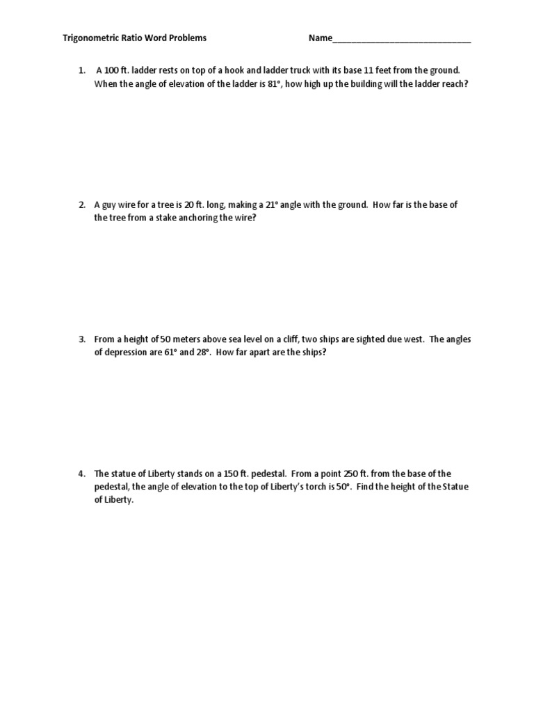 Trig Word Problems 25 With Regard To Trig Word Problems Worksheet