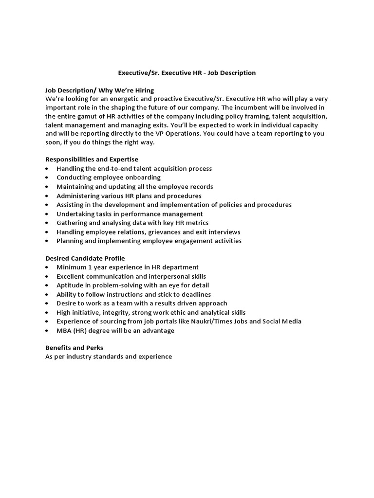 HR Executive Job Description PDF