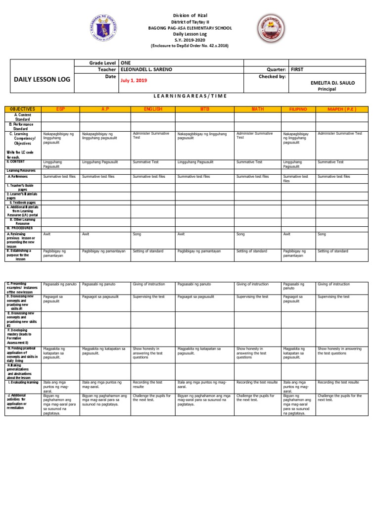 Daily Lesson Log for Grade 1 2019-2020 | PDF | Education Theory | Learning