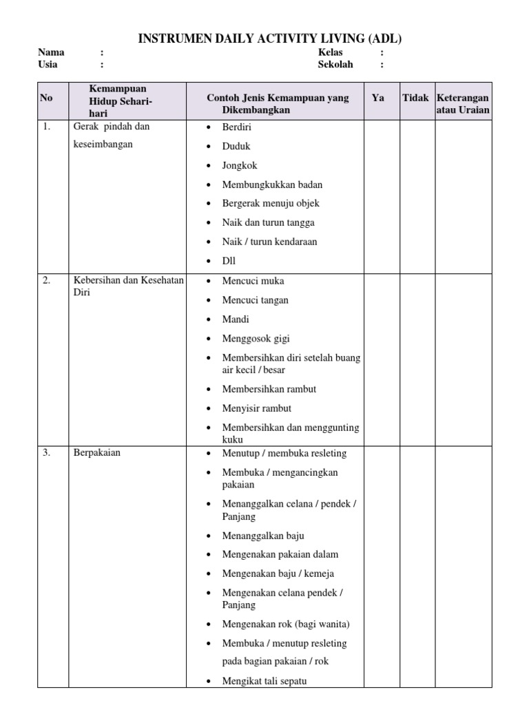Instrumen Penilaian ADL Anak | PDF | Pengembangan Diri | Kesehatan Holistik