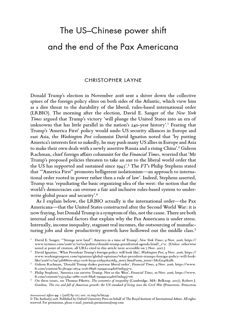 The US-Chinese Power Shift and The End of The Pax Americana | PDF ...