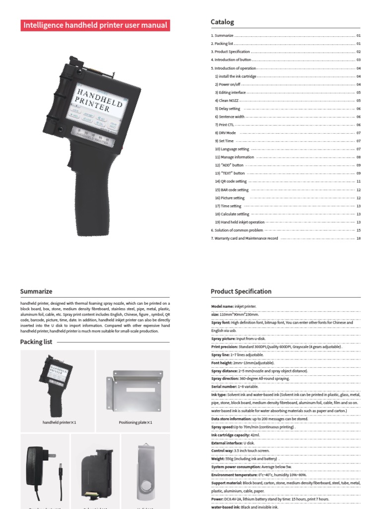 Handheld Inkjet Printer Manual | PDF | Printer (Computing) | Media ...