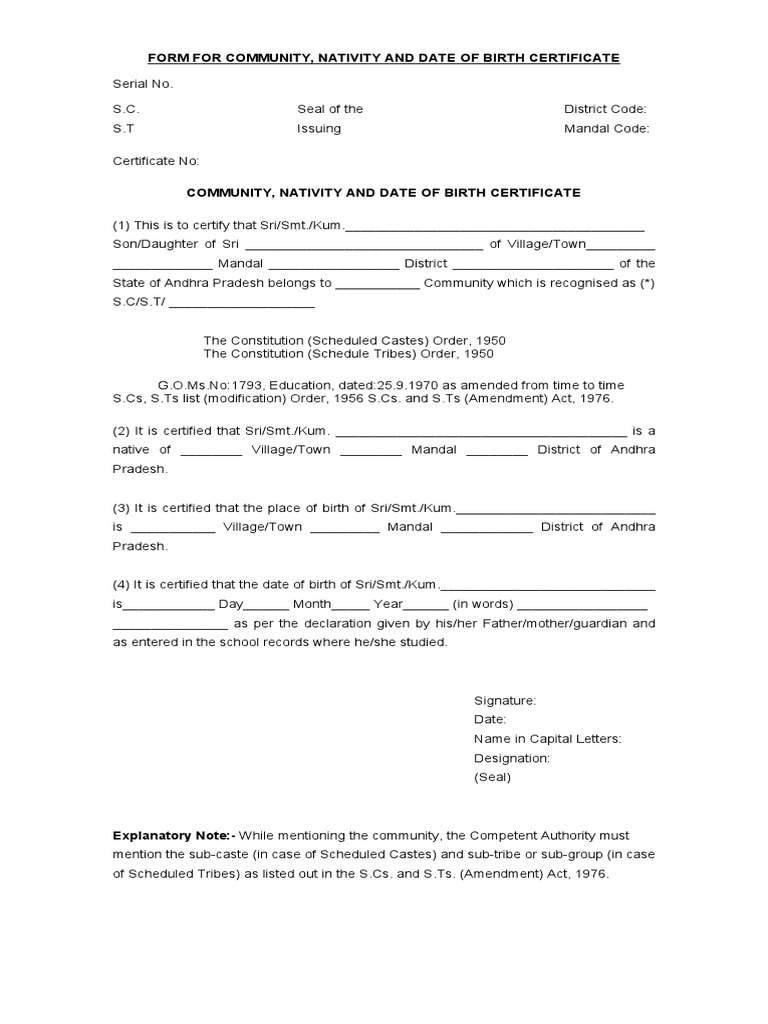 Community, Nativity and Date of Birth Certificate | PDF
