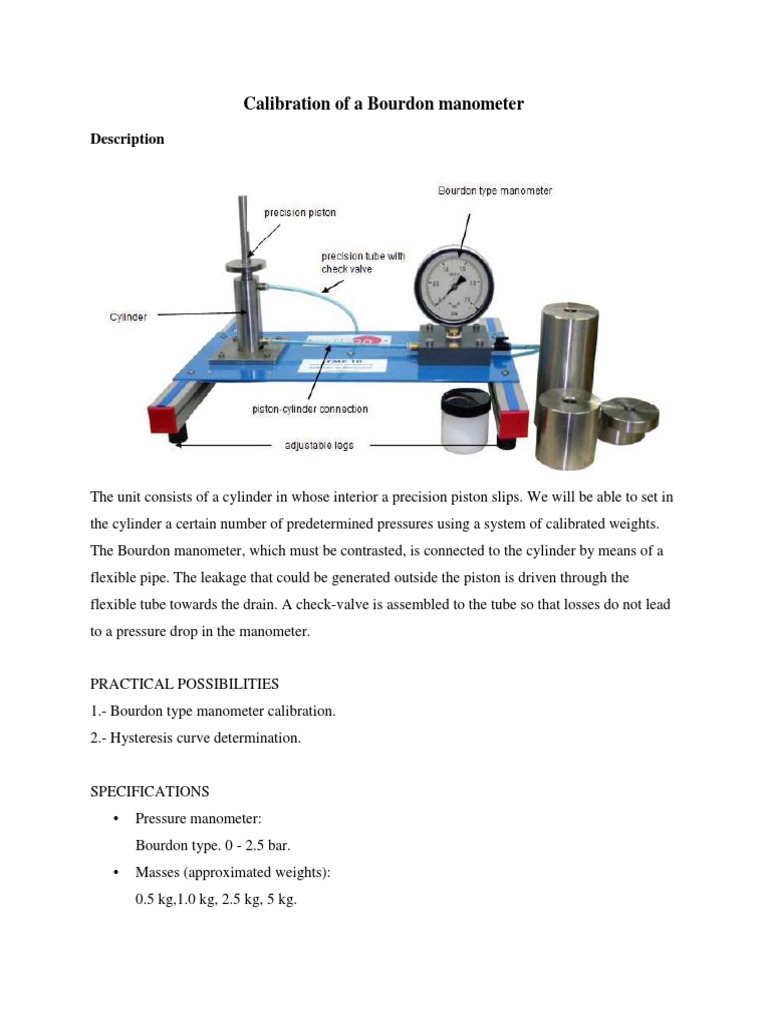 Calibration of A Bourdon Manometer PDF Pressure Measurement