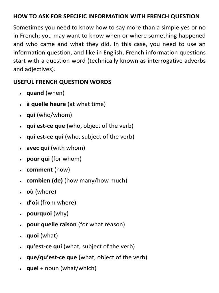 How To Ask For Specific Information With French Question Docx Verb Question