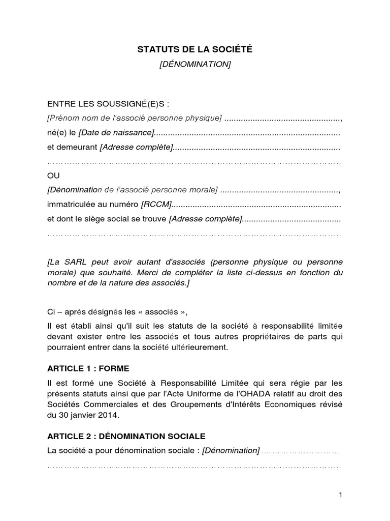 Modèle de statuts SARL OHADA | PDF | Capitaux propres | Banques